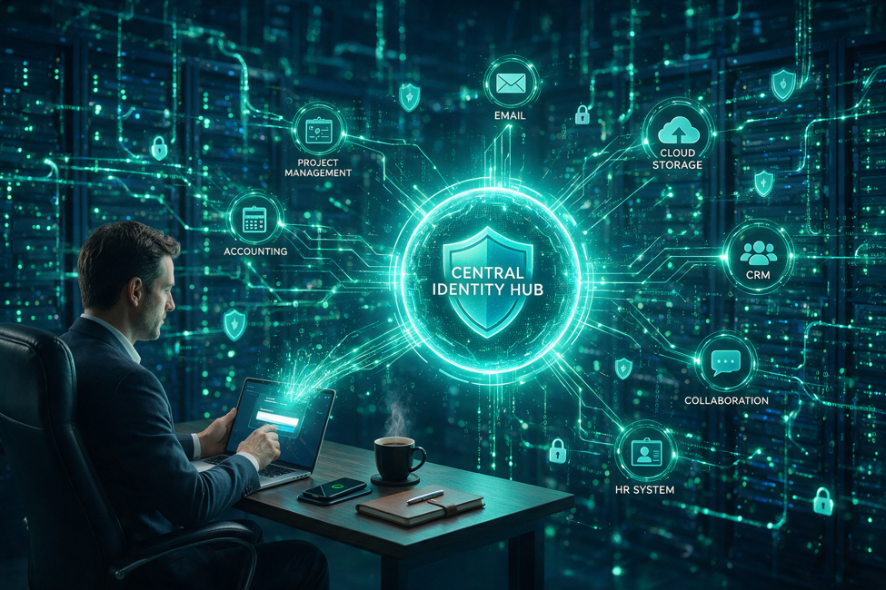 Un hub central de identitate conectează aplicațiile și serviciile companiei, simplificând accesul și controlul identităților într-un singur punct.