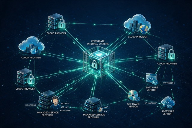 Interconnected IT supplier network, with cloud providers, software vendors, and MSPs linked through security relationships.